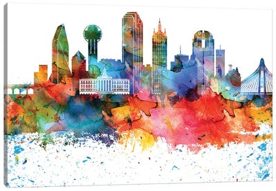Dallas Colorful Watercolor Skyline Canvas Art Print - Dallas Art