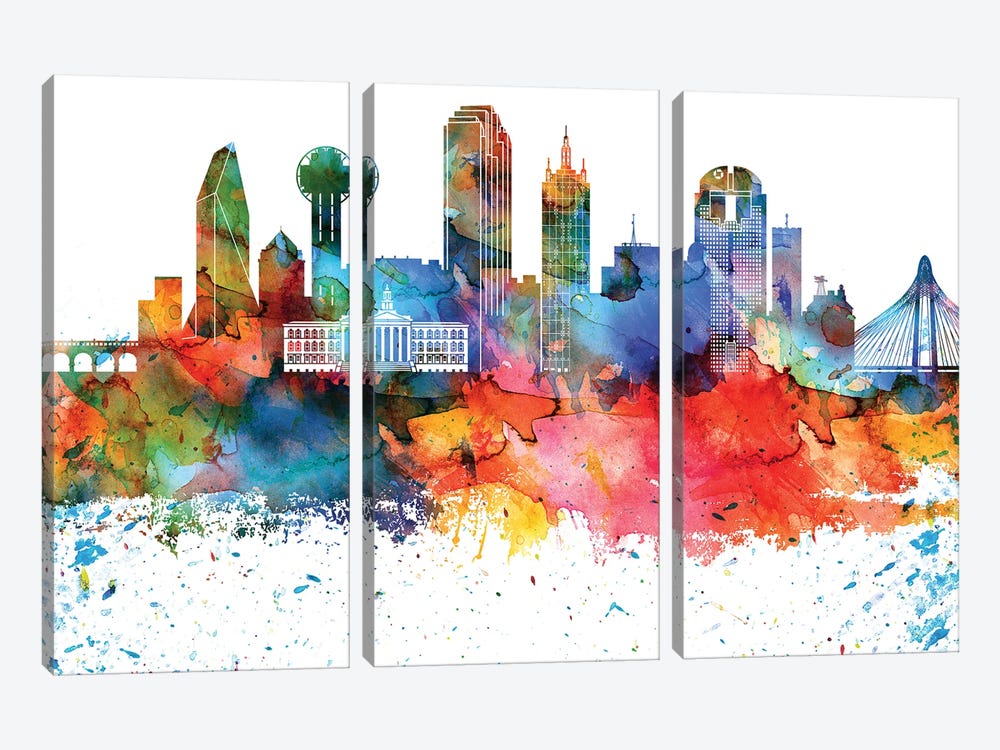 Dallas Colorful Watercolor Skyline by WallDecorAddict 3-piece Canvas Print