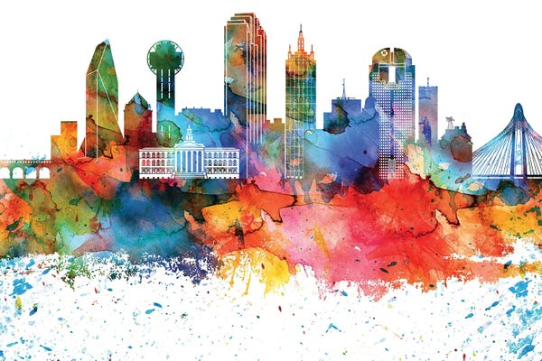 Dallas: Dallas Colorful Watercolor Skyline by WallDecorAddict