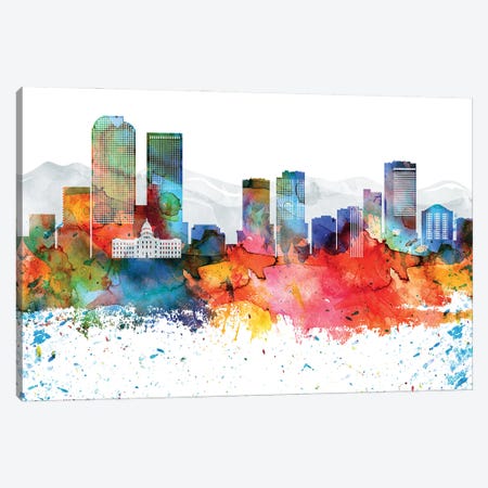 Denver Colorful Watercolor Skyline Canvas Print #WDA1288} by WallDecorAddict Canvas Art
