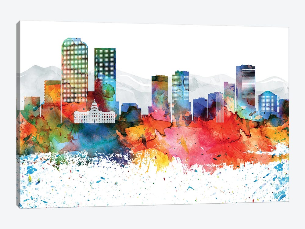 Denver Colorful Watercolor Skyline by WallDecorAddict 1-piece Canvas Print