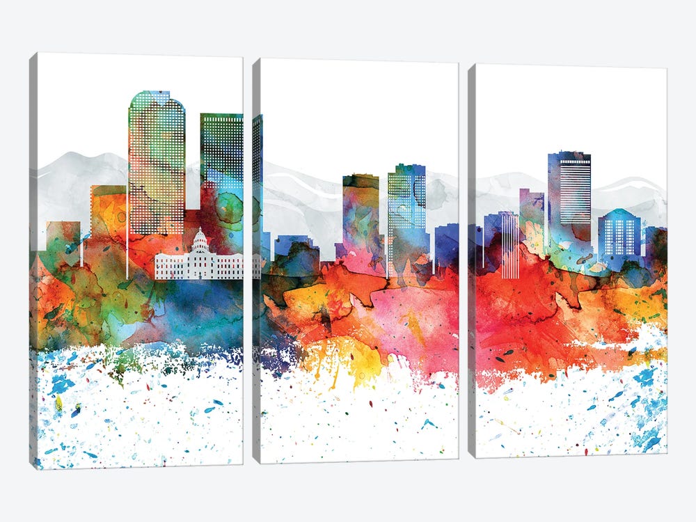 Denver Colorful Watercolor Skyline by WallDecorAddict 3-piece Canvas Print