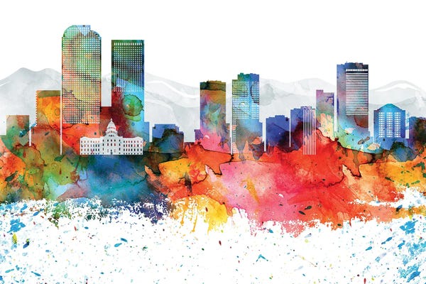 Colorado: Denver Colorful Watercolor Skyline by WallDecorAddict