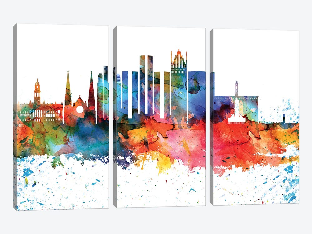 Detroit Colorful Watercolor Skyline by WallDecorAddict 3-piece Canvas Wall Art