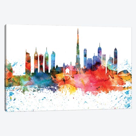 Dubai Colorful Watercolor Skyline Canvas Print #WDA1290} by WallDecorAddict Art Print