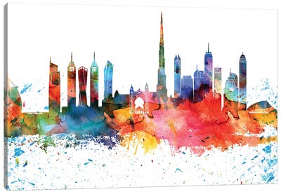Dubai Colorful Watercolor Skyline Canvas Art Print - Dubai Art