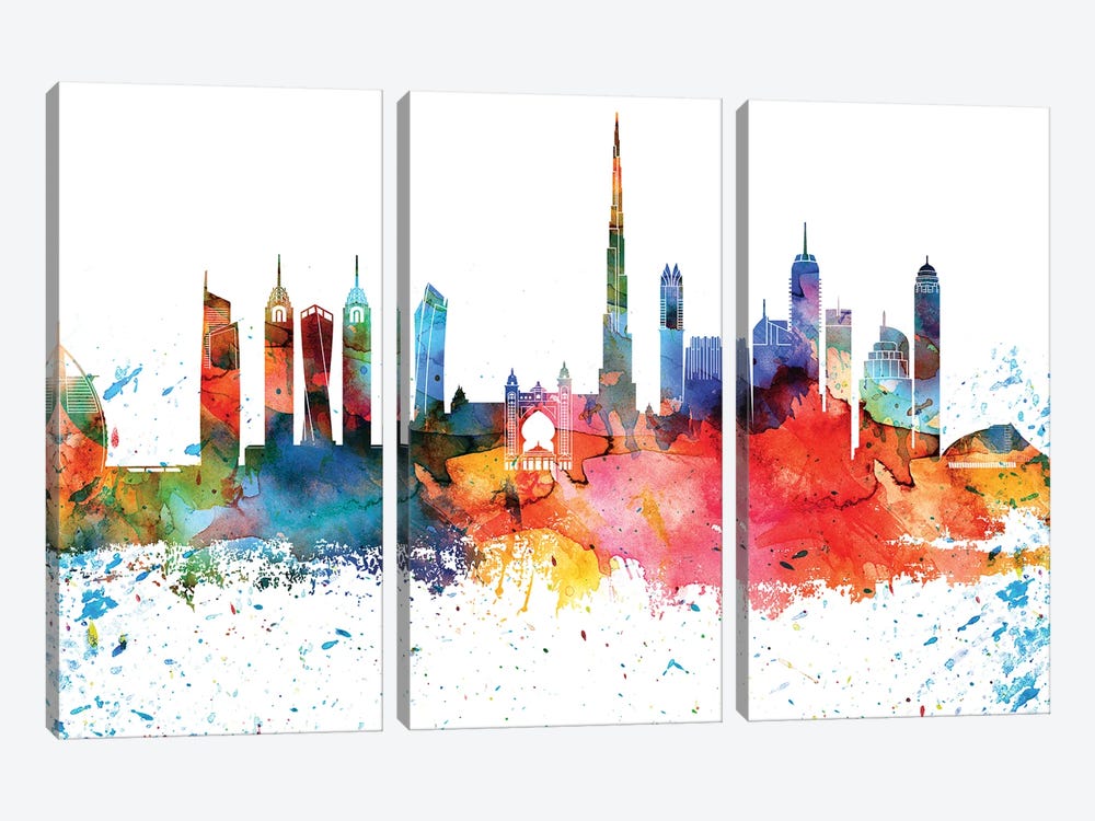 Dubai Colorful Watercolor Skyline by WallDecorAddict 3-piece Canvas Wall Art