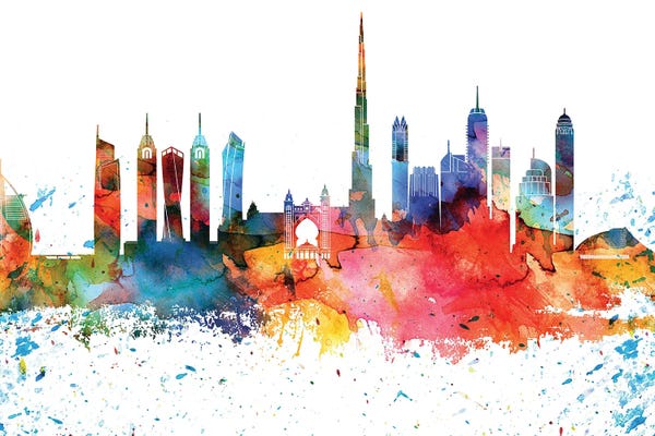 United Arab Emirates: Dubai Colorful Watercolor Skyline by WallDecorAddict