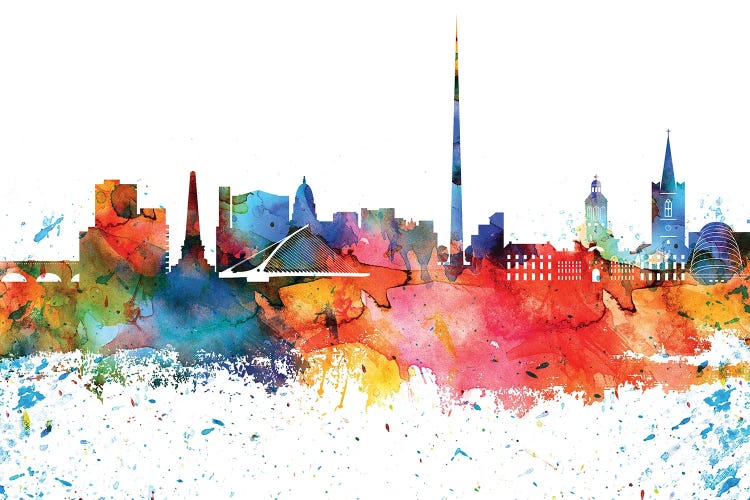 Dublin Colorful Watercolor Skyline by WallDecorAddict wall art