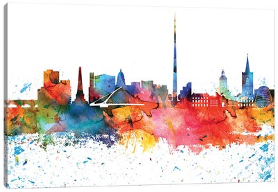 Dublin Colorful Watercolor Skyline Canvas Art Print - Ireland Art