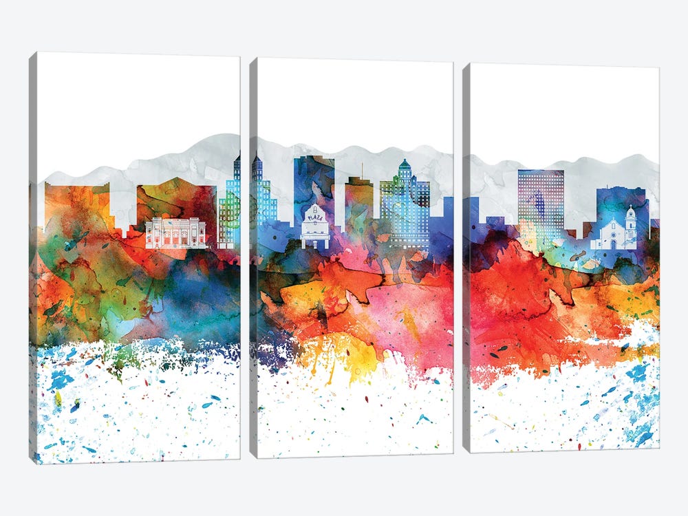 El Paso Colorful Watercolor Skyline by WallDecorAddict 3-piece Art Print