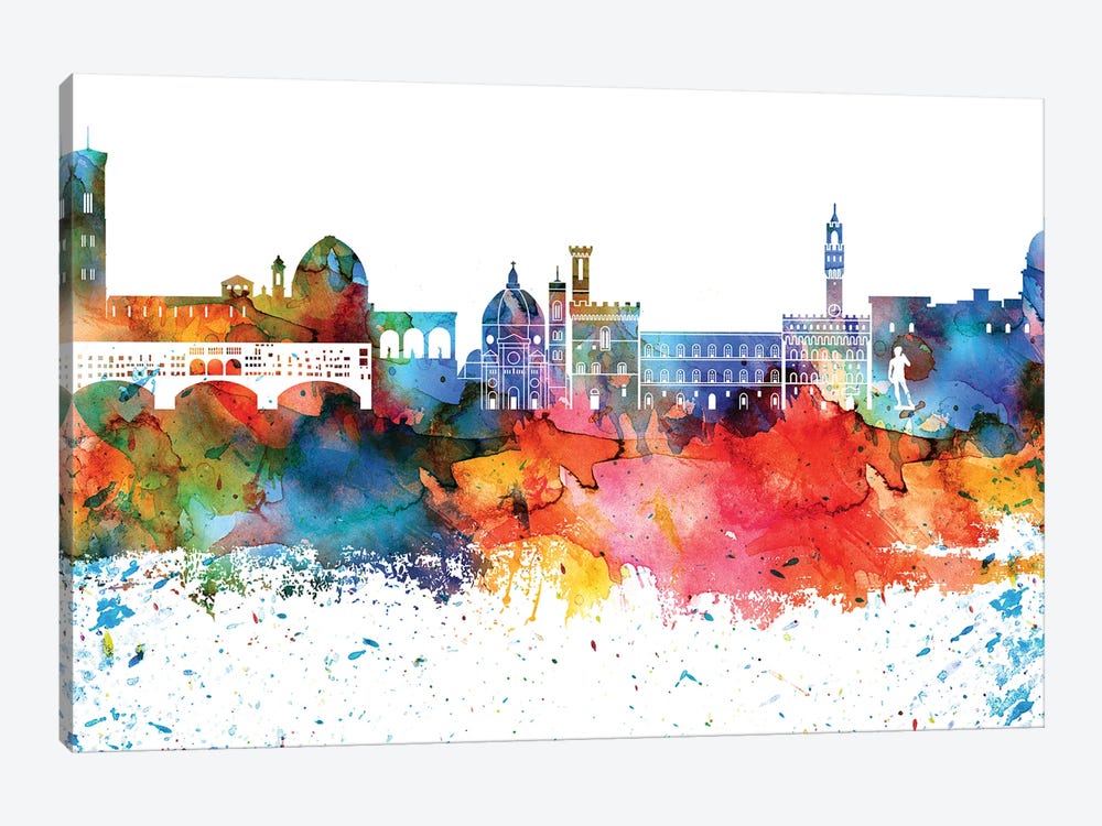 Florence Colorful Watercolor Skyline by WallDecorAddict 1-piece Canvas Artwork