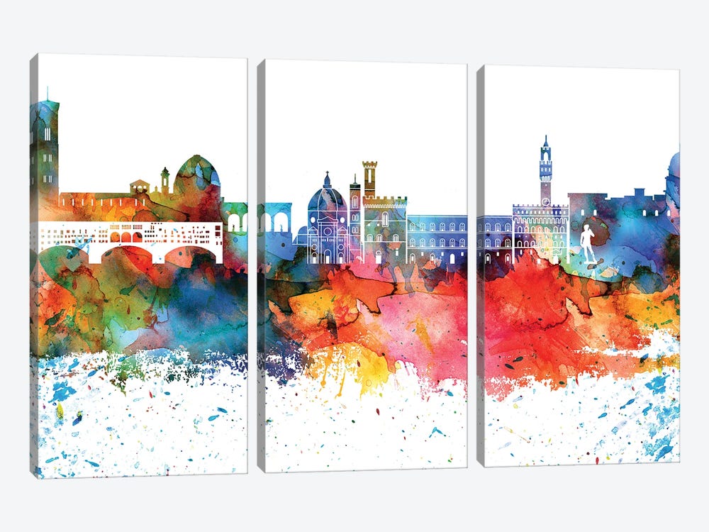 Florence Colorful Watercolor Skyline by WallDecorAddict 3-piece Canvas Artwork