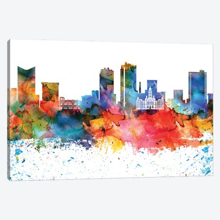 Fort Worth Colorful Watercolor Skyline Canvas Print #WDA1297} by WallDecorAddict Canvas Artwork