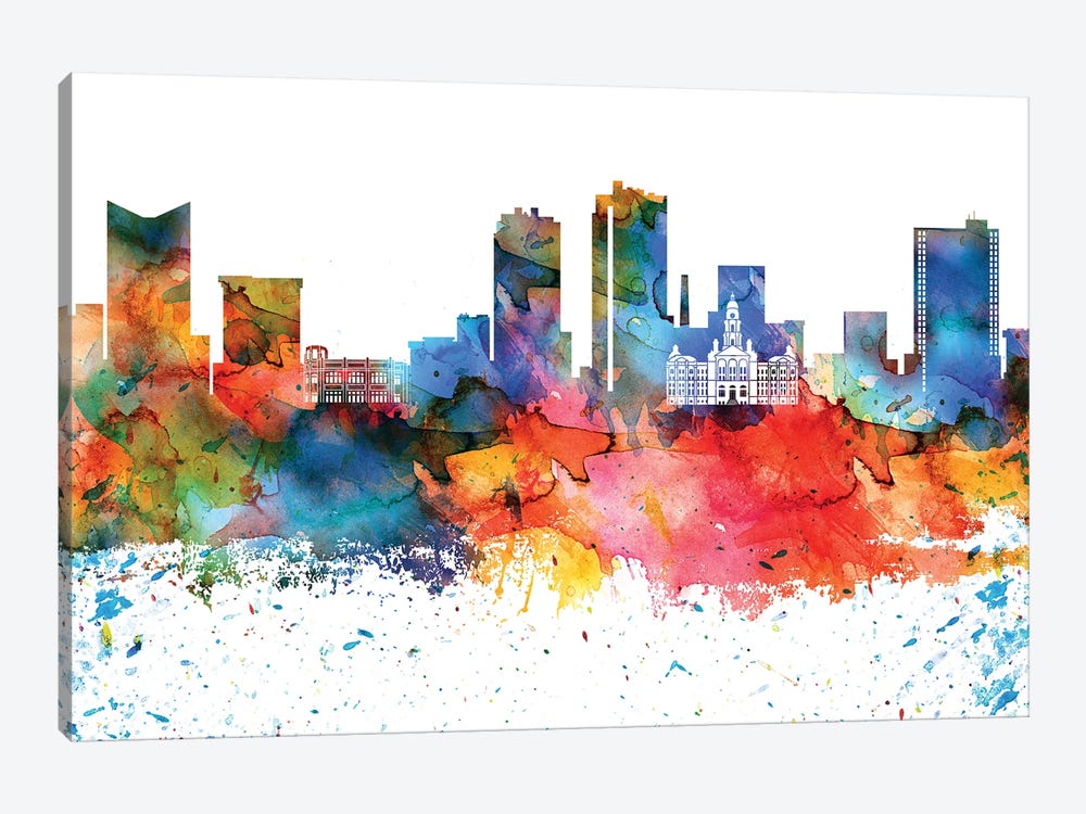 Fort Worth Colorful Watercolor Skyline by WallDecorAddict 1-piece Canvas Art Print