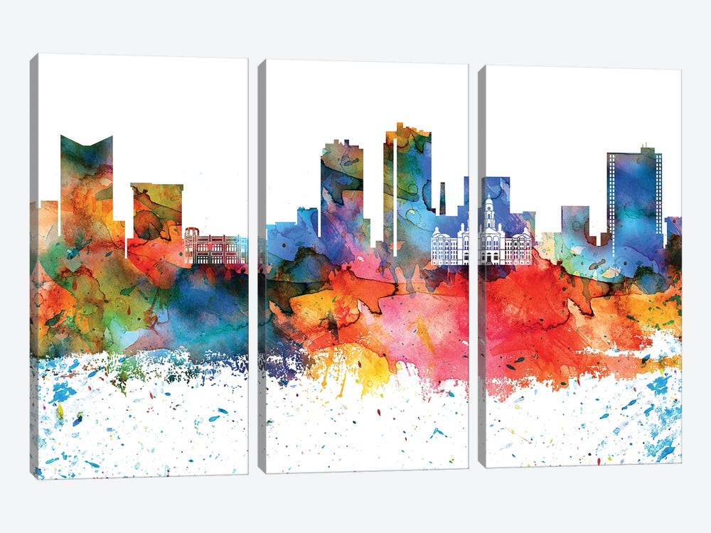 Fort Worth Colorful Watercolor Skyline by WallDecorAddict 3-piece Canvas Print