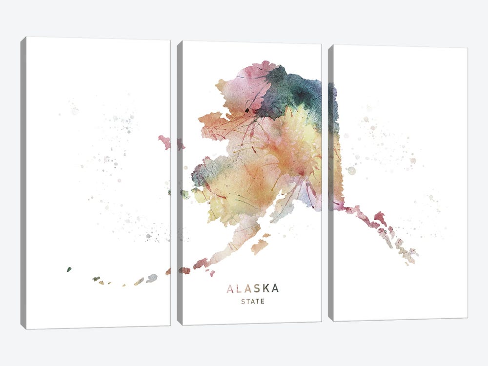 Alaska Watercolor State Map by WallDecorAddict 3-piece Canvas Wall Art