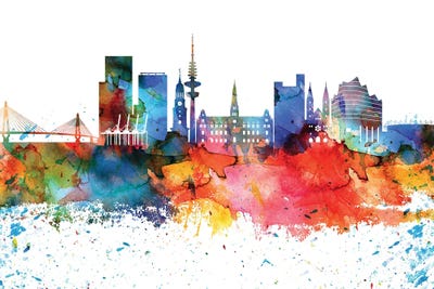 Hamburg Colorful Watercolor Skyline by WallDecorAddict canvas print