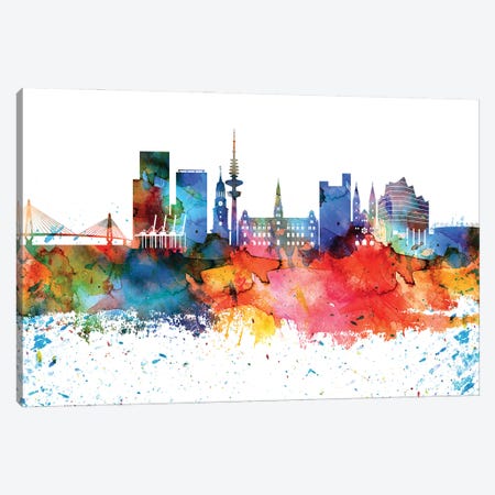 Hamburg Colorful Watercolor Skyline Canvas Print #WDA1302} by WallDecorAddict Canvas Art Print