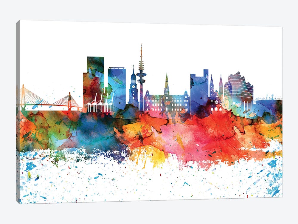 Hamburg Colorful Watercolor Skyline by WallDecorAddict 1-piece Canvas Artwork