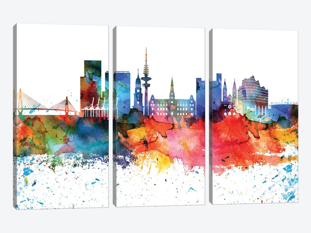 Hamburg Colorful Watercolor Skyline by WallDecorAddict 3-piece Canvas Wall Art