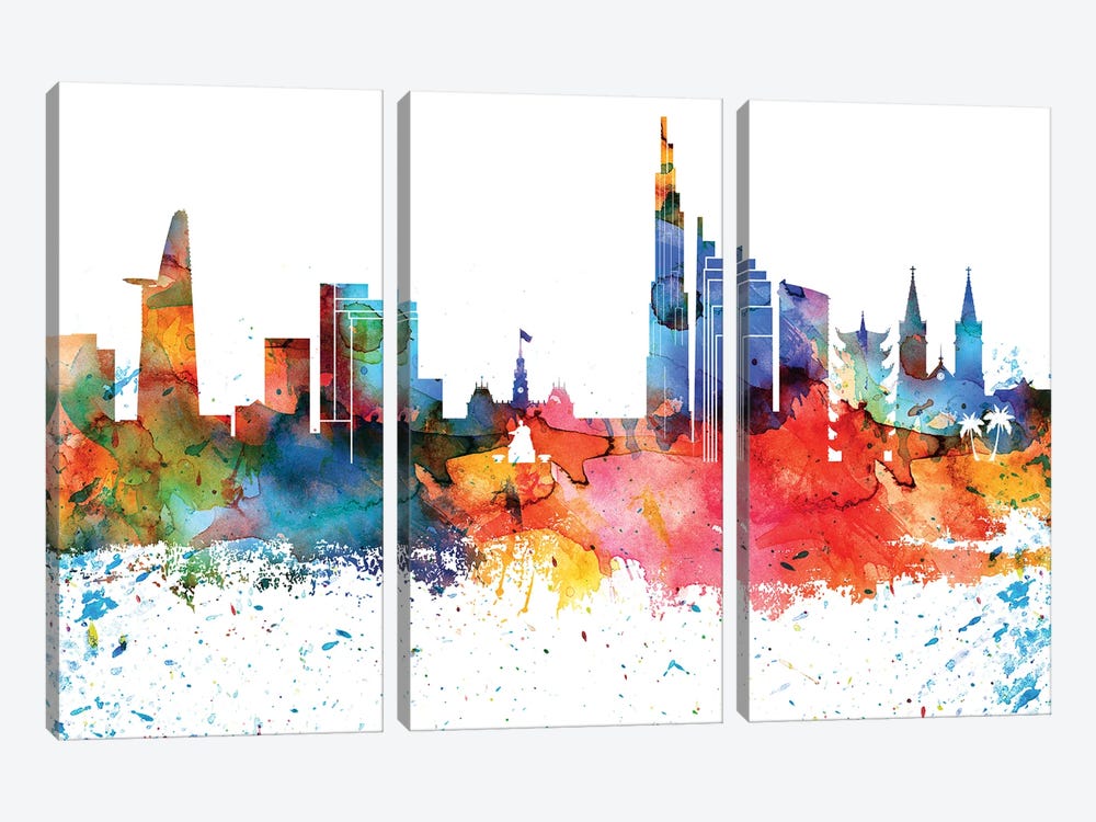 Ho Chi Minh Colorful Watercolor Skyline by WallDecorAddict 3-piece Canvas Artwork