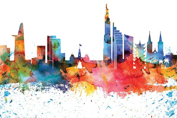 Ho Chi Minh City (Saigon): Ho Chi Minh Colorful Watercolor Skyline by WallDecorAddict