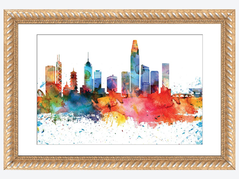 Hong Kong Colorful Watercolor Skyli - Canvas Artwork | WallDecorAddict
