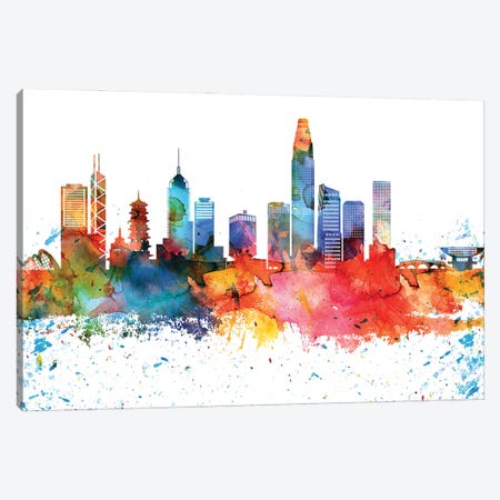 Hong Kong Colorful Watercolor Skyline Canvas Print #WDA1305} by WallDecorAddict Canvas Art