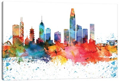 Hong Kong Colorful Watercolor Skyline Canvas Art Print - Hong Kong Art