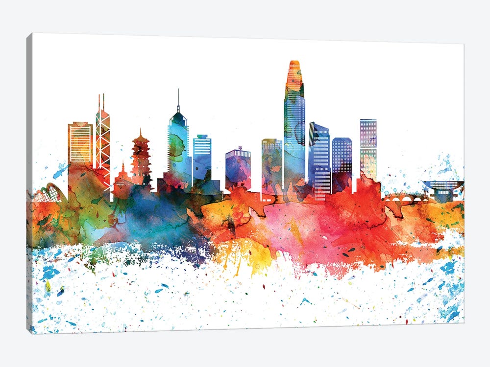 Hong Kong Colorful Watercolor Skyline by WallDecorAddict 1-piece Art Print