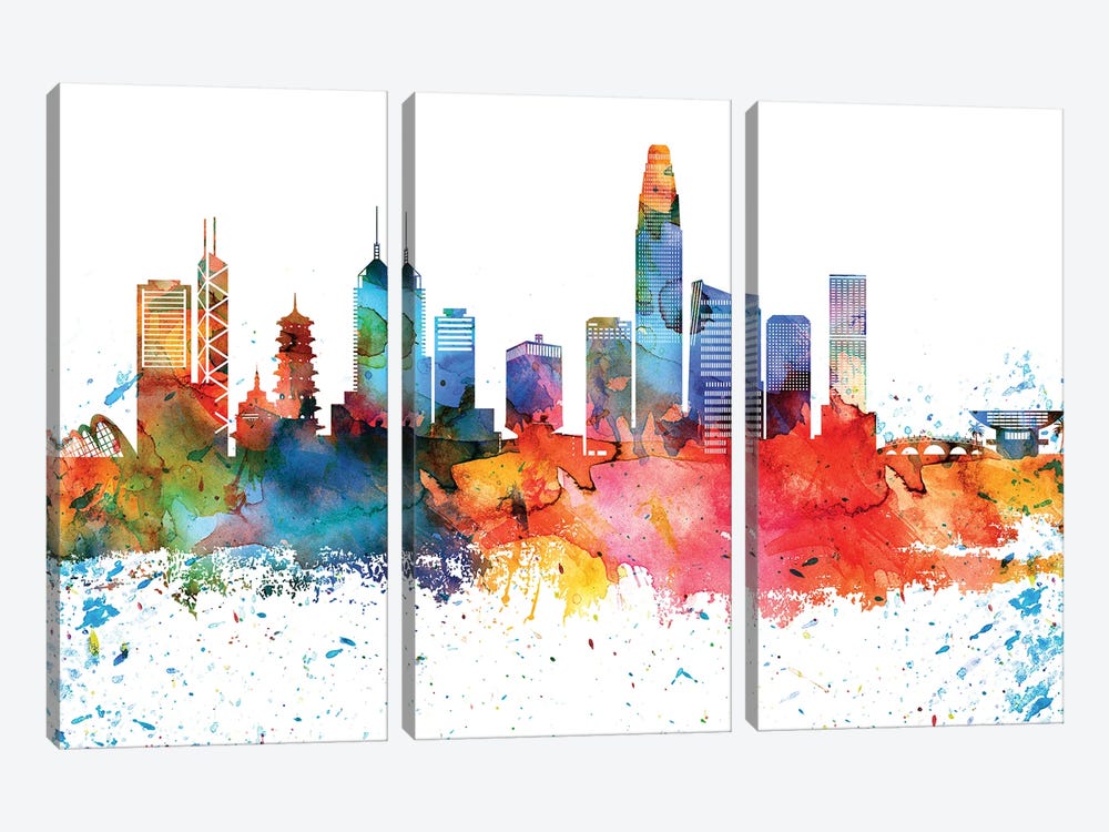 Hong Kong Colorful Watercolor Skyline by WallDecorAddict 3-piece Art Print