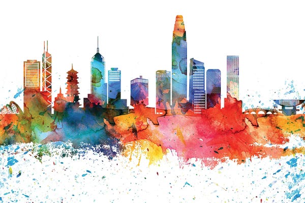 Hong Kong: Hong Kong Colorful Watercolor Skyline by WallDecorAddict