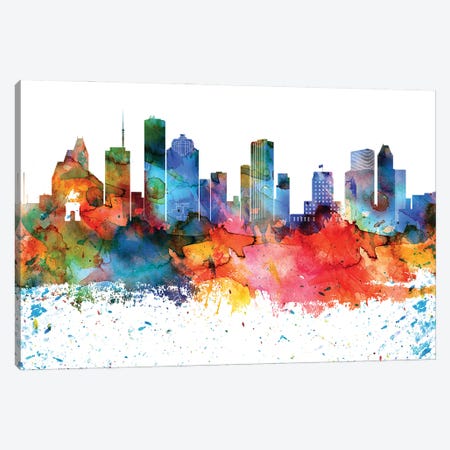 Houston Colorful Watercolor Skyline Canvas Print #WDA1307} by WallDecorAddict Canvas Wall Art