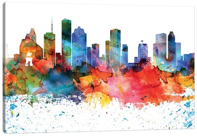 Houston Colorful Watercolor Skyline Canvas Art Print - WallDecorAddict