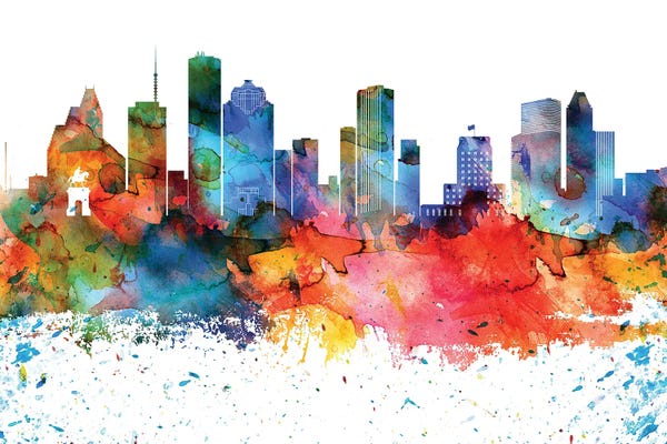 Skylines: Houston Colorful Watercolor Skyline by WallDecorAddict