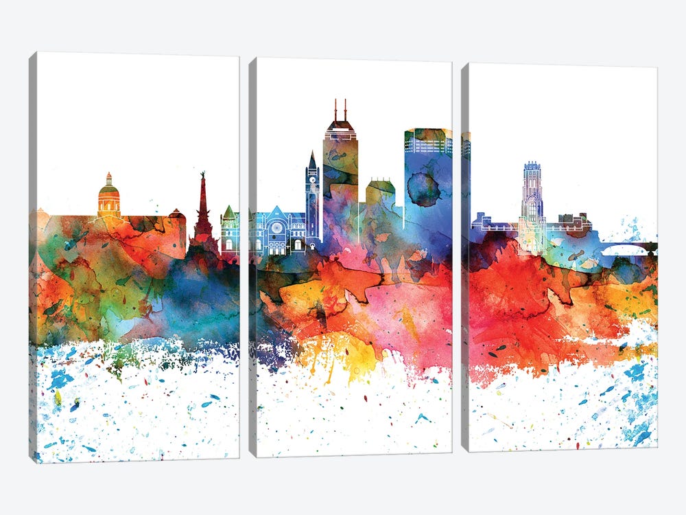 Indianapolis Colorful Watercolor Skyline by WallDecorAddict 3-piece Canvas Art