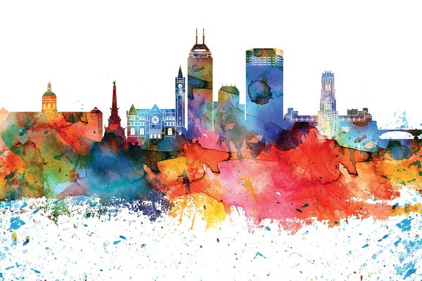 Indiana: Indianapolis Colorful Watercolor Skyline by WallDecorAddict