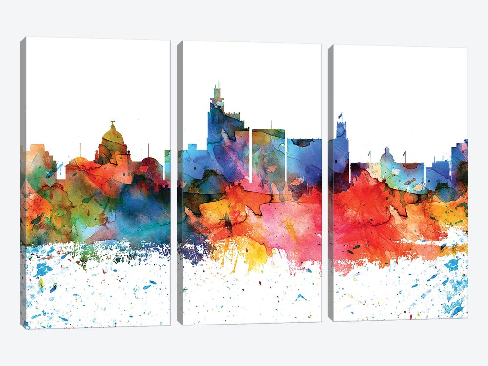 Jackson Mi Colorful Watercolor Skyline by WallDecorAddict 3-piece Canvas Art Print