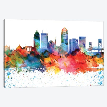 Jacksonville Colorful Watercolor Skyline Canvas Print #WDA1310} by WallDecorAddict Canvas Artwork