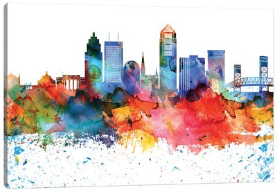Jacksonville Colorful Watercolor Skyline Canvas Art Print - Jacksonville Art