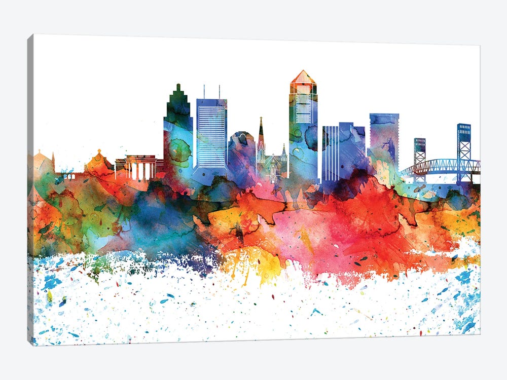 Jacksonville Colorful Watercolor Skyline by WallDecorAddict 1-piece Art Print