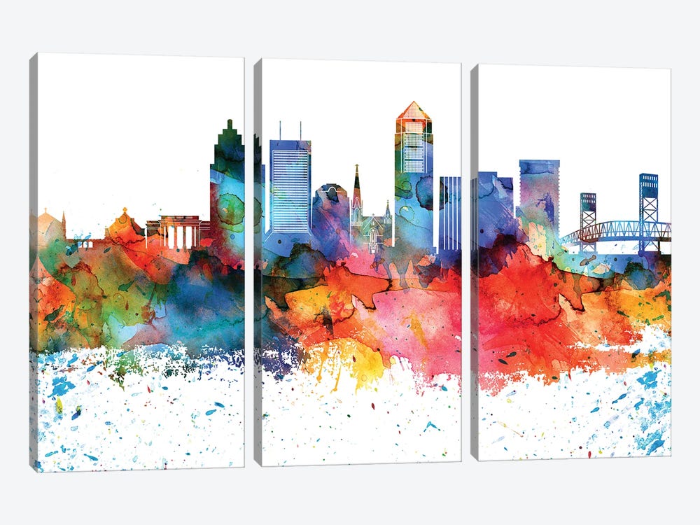 Jacksonville Colorful Watercolor Skyline by WallDecorAddict 3-piece Art Print