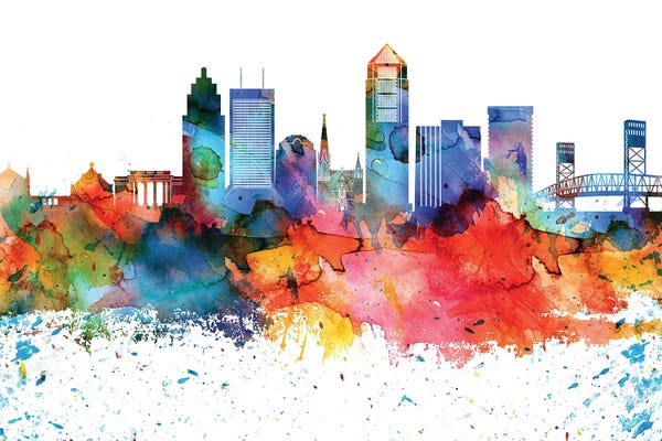 Jacksonville: Jacksonville Colorful Watercolor Skyline by WallDecorAddict
