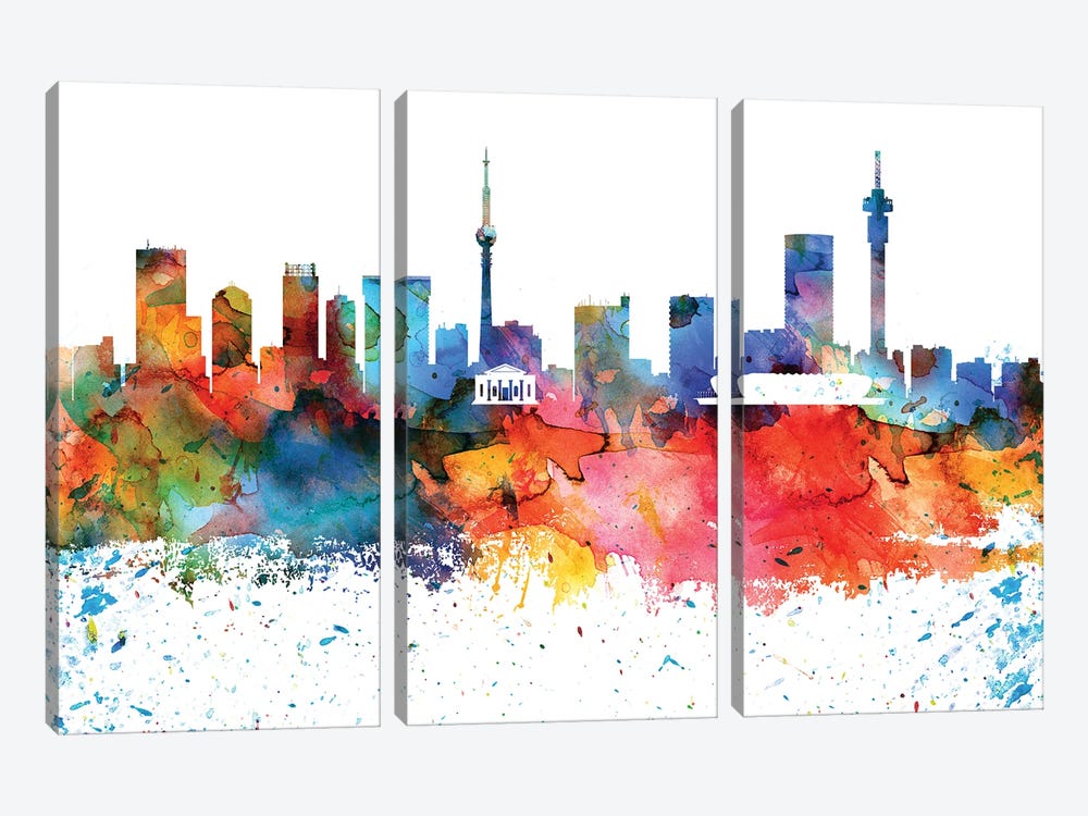 Johannesburg Colorful Watercolor Skyline by WallDecorAddict 3-piece Canvas Wall Art