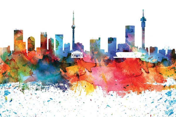 South Africa: Johannesburg Colorful Watercolor Skyline by WallDecorAddict