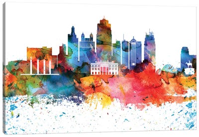 Kansas City Colorful Watercolor Skyline Canvas Art Print - Kansas City Art