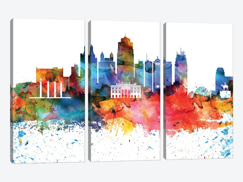 Kansas City Colorful Watercolor Skyline 3-piece Canvas Art Print