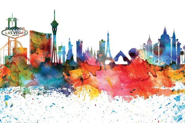 Nevada: Las Vegas Colorful Watercolor Skyline by WallDecorAddict