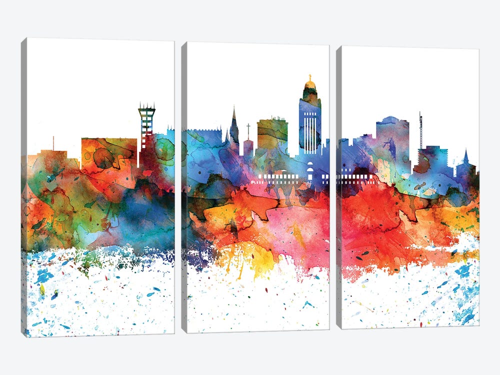 Lincoln Colorful Watercolor Skyline by WallDecorAddict 3-piece Canvas Print